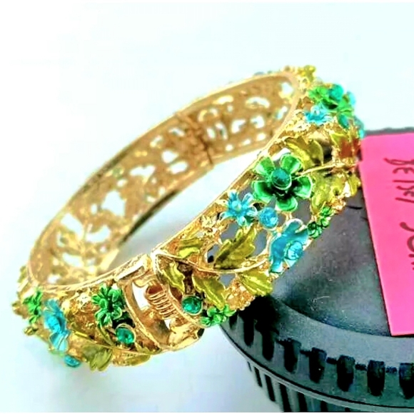Gold-plated blue green crystal flower bangle bracelet BOGO - Picture 10 of 12